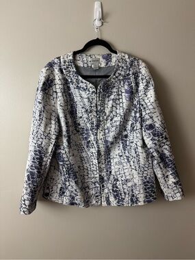 Chico's White and Navy Textured Zip Jacket With Bead Detail Size 3